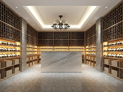 Elegant Wine Cellar Interior With Wine Racks Marble Countertop Chandelier And Stone Walls 3d model