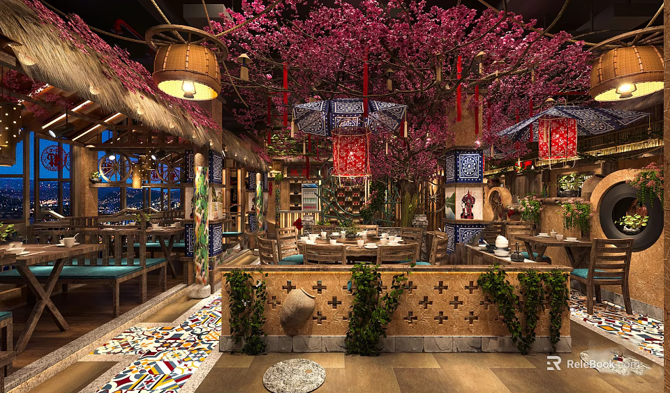 Charming Restaurant Interior With Pink Cherry Blossom Trees Red Lanterns And Colorful Tiled Flooring 3d model 