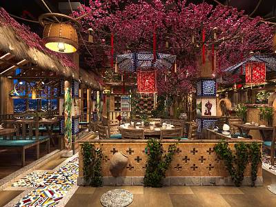 Charming Restaurant Interior With Pink Cherry Blossom Trees Red Lanterns And Colorful Tiled Flooring 3d model