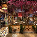 Charming Restaurant Interior With Pink Cherry Blossom Trees Red Lanterns And Colorful Tiled Flooring