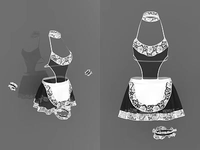 Elegant Black And White Apron With Lace Trim Front And Back Design 3d model