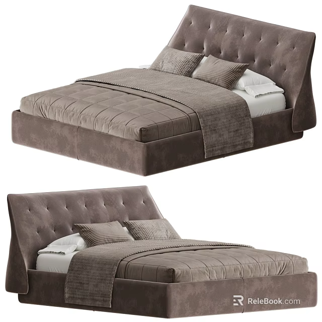 Modern Double Bed With Tufted Velvet Headboard And Soft Gray Comforter Pillows 3d model 