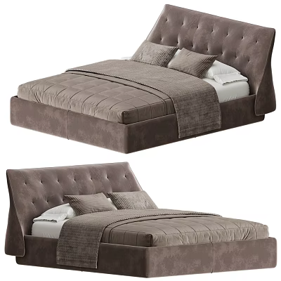 Modern Double Bed With Tufted Velvet Headboard And Soft Gray Comforter Pillows 3d model