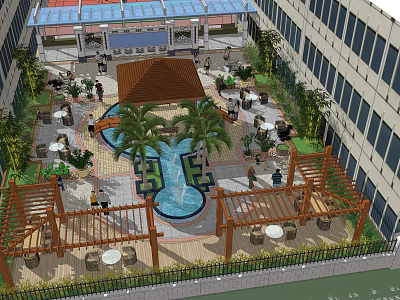 Modern Outdoor Courtyard With Central Fountain Palm Trees And Pergola Seating Areas 3d model
