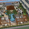 Modern Outdoor Courtyard With Central Fountain Palm Trees And Pergola Seating Areas