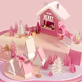 Festive Pink Christmas Cabin with Snowy Roof Reindeer and Star Decorations