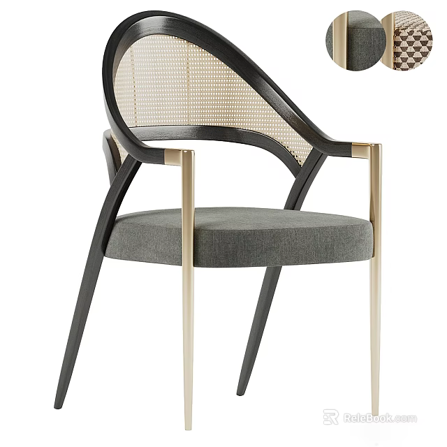 Elegant Modern Leisure Chair With Black Metal Frame Golden Armrests And Gray Fabric Cushion 3d model 