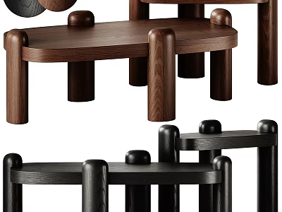 Dark Brown And Black Wooden Coffee Tables With Round Legs And Smooth Edges 3d model