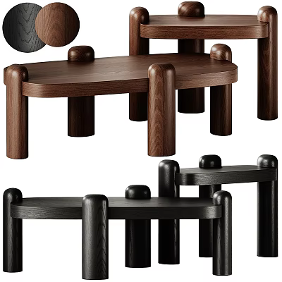 Dark Brown And Black Wooden Coffee Tables With Round Legs And Smooth Edges 3d model