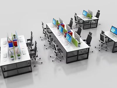 Modern Office Desks Arranged In Workspace With Computer Monitors Office Chairs And Small Plants 3d model