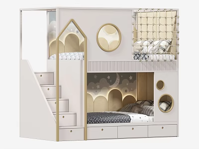 Modern Kids Bunk Bed With Stairs Storage Drawers Moon Star Motifs And Round Mirrors 3d model