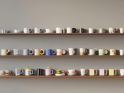 Colorful Mugs With Various Designs Arranged On Wall Shelves 3d model