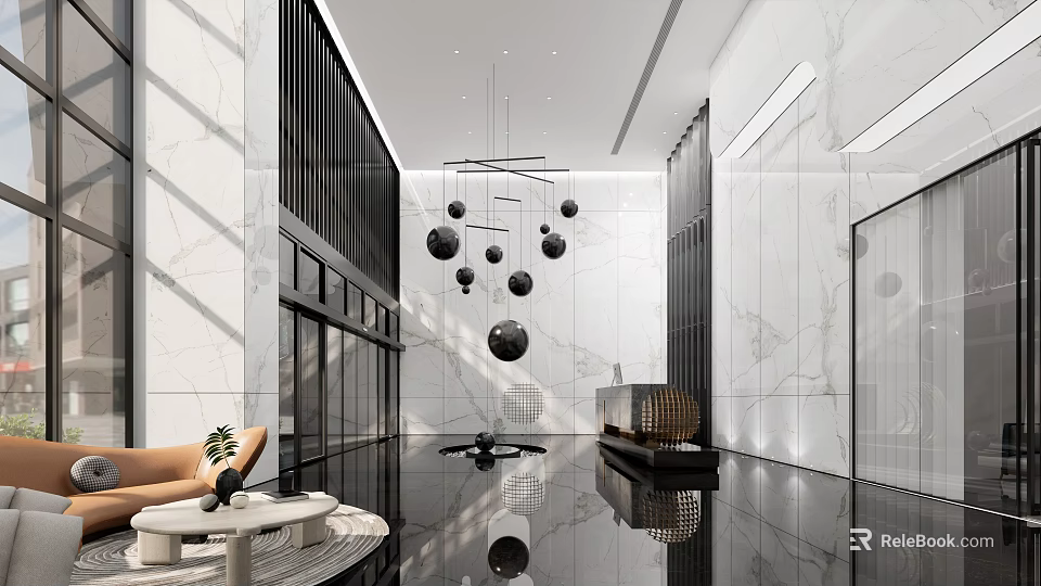 Elegant Modern Reception Desk Interior Design With Marble Counter Pendant Lights And Seating 3d model 