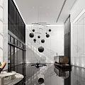 Elegant Modern Reception Desk Interior Design With Marble Counter Pendant Lights And Seating
