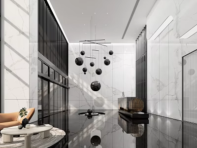 Elegant Modern Reception Desk Interior Design With Marble Counter Pendant Lights And Seating 3d model
