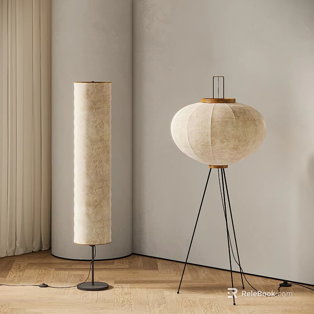 Modern Floor Lamps Cylindrical and Lantern Shaped with Beige Fabric Shades Black Metal Tripod Stands 3d model 