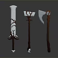 Intricate Ornate Crafted Weapons Including Sword and Axes With Decorative Handles