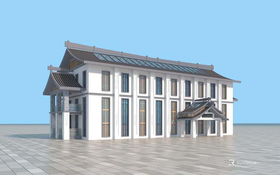 Ancient Architecture With White Walls Black Tiled Roof Overhanging Eaves And Front Plaza 3d model 