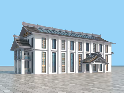 Ancient Architecture With White Walls Black Tiled Roof Overhanging Eaves And Front Plaza 3d model