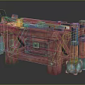 Red Brick Workbench Furniture with Tools on Top Drawers and Blue Gray Mechanical Parts
