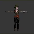 Child Character with Green Bun Hairstyle White Face Brown Coat Red Belt and Mechanical Arm