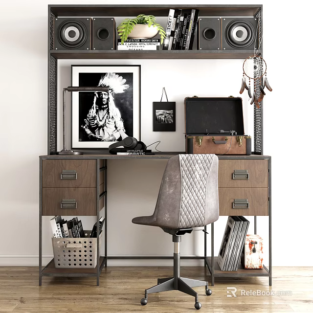 Modern Industrial Desk With Bookshelf Speakers Desk Lamp Vintage Suitcase And Padded Chair 3d model 