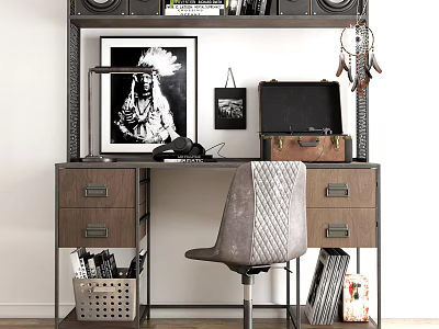 Modern Industrial Desk With Bookshelf Speakers Desk Lamp Vintage Suitcase And Padded Chair 3d model