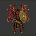 Red Winged Fantasy Warrior 3D Model With Golden Armor Shield And Sword
