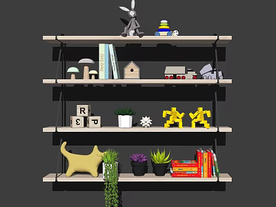 Elegant Wall Mounted Cabinets Displaying Rabbit Doll Mushroom Decor Green Plants And Books 3d model