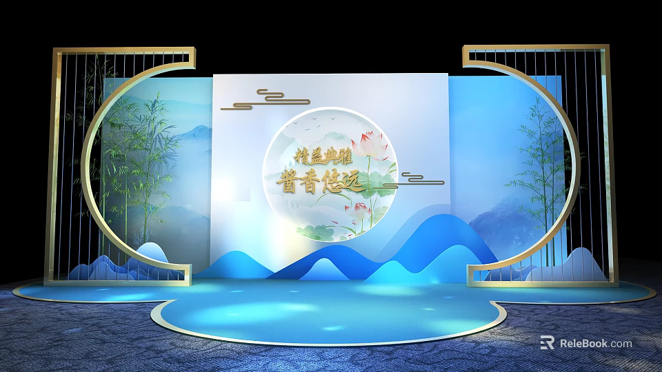 Commercial Stage Equipment with Round Platform Golden Frames Blue Wave Decorations Landscape and Bamboo Elements 3d model
