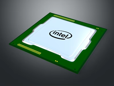 Intel Processor Chip Featuring Green Substrate White Core and Gold Contacts 3d model