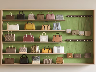 Wall Mounted Wooden Shelf Displaying Various Stylish Bags In Different Colors With Green Background 3d model