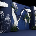 Elegant Wedding Stage Setup With Dark Blue Background White Cloud Decor And Floral Arrangements 3d model