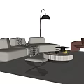 Beige Modern Sofa and Coffee Table Set with Plush Cushions Checkered Throw Round Textured Top