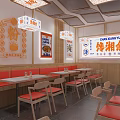 Chinese Style Restaurant Interior With Orange Signage Wooden Elements Menu Board Tables And Chairs
