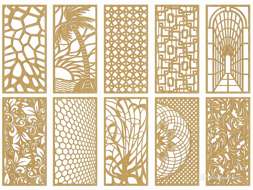 Golden Decorative Room Dividers With Various Intricate Laser Cut Patterns 3d model 