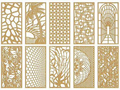 Golden Decorative Room Dividers With Various Intricate Laser Cut Patterns 3d model