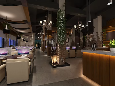 Modern Internet Cafe Interior With Chandeliers Green Plants Computer Setups And Comfortable Seating 3d model