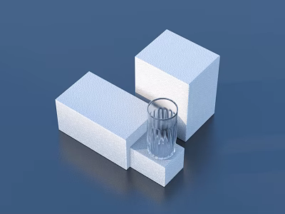 Minimalist Household Items Display Featuring White Cubes And Transparent Glass Cup 3d model