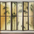 Elegant Room Divider Screen With Bamboo Pattern Light Background And Dark Wood Frame 3d model