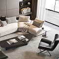 Modern Light Colored Sofa And Dark Coffee Table Set With Black Chairs In Living Room