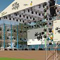 Outdoor Event Stage Setup With Canopy Tent Billboards And Lighting Equipment