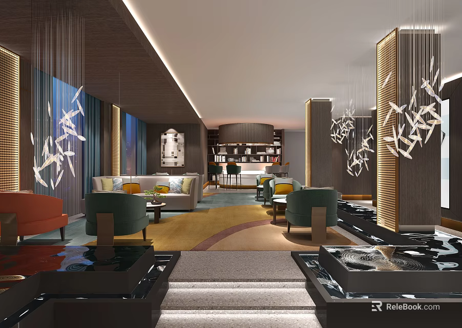 Hotel Public Lounge With Modern Design Comfortable Sofas Artistic Chandeliers And Warm Decor 3d model