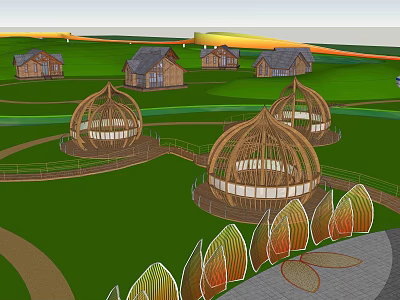 Scenic Park Landscape With Circular Wooden Pavilions And Leaf Shaped Decorations 3d model