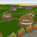 Scenic Park Landscape With Circular Wooden Pavilions And Leaf Shaped Decorations