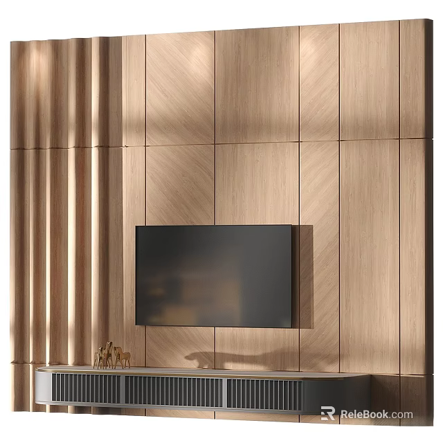 Modern Wooden TV Wall With Flat Screen And Decorations 3d model