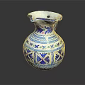 Blue and White Vase with Colorful Floral Geometric Patterns Irregular Rim on Black Background Reflection