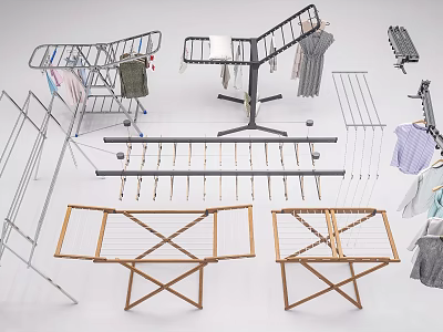 Collection of Clothes Hangers Featuring Foldable Wooden Metal Drying Racks and Hanging Stands 3d model