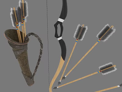 Handcrafted Traditional Bow And Arrows With Decorative Feathers In Leather Quiver 3d model