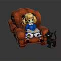 Game Film Character Blonde Girl Reading Book On Red Armchair With Black Cat
